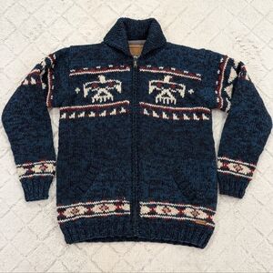 Laundromat Sweater Mens S/M Blue Eagle Wool Knit Tribal Cowichan Full Zip Canada